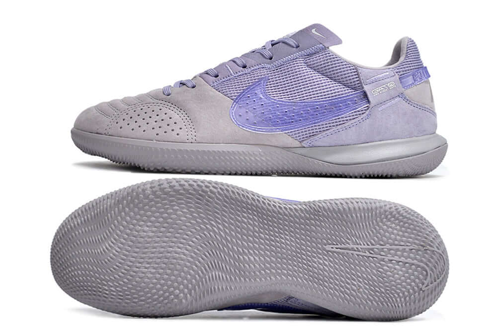 Chuteira Futsal Nike Street Gato IC Cinza e Roxo vista lateral e inferior