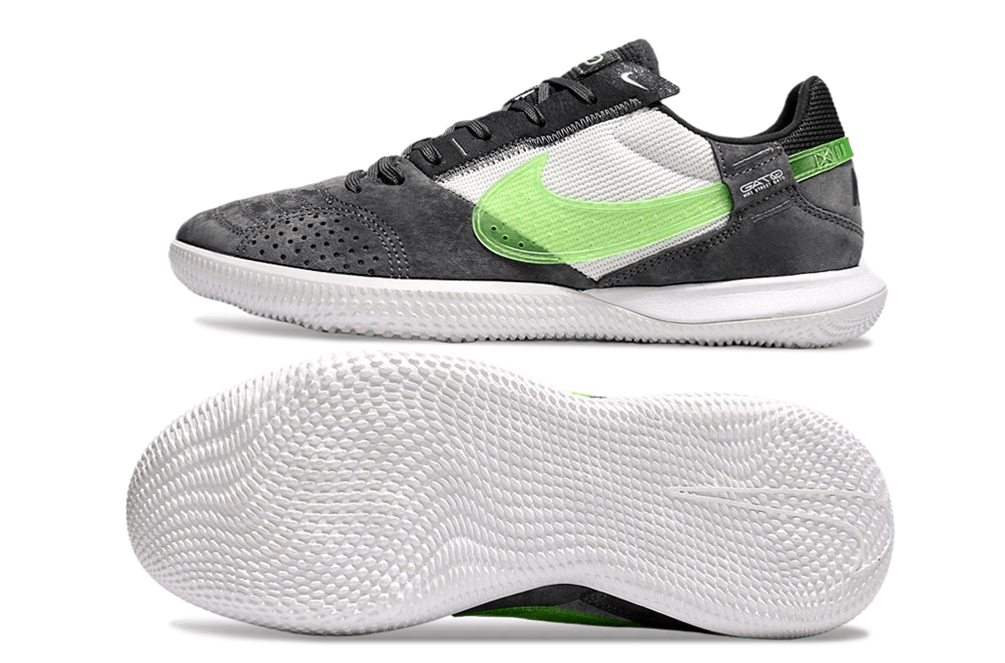 Chuteira Futsal Nike Street Gato IC - Preta, Branca e Verde com design moderno e sola Indoor Court.