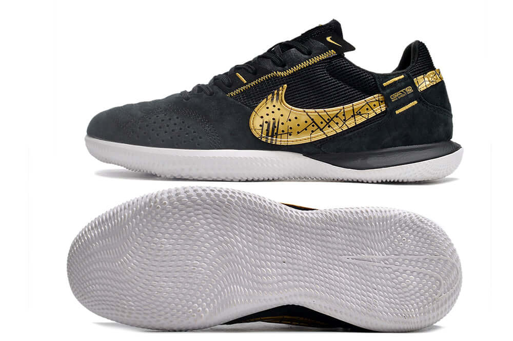 Chuteira Futsal Nike Street Gato IC - Preta e Dourada com design moderno e sola IC para futsal.