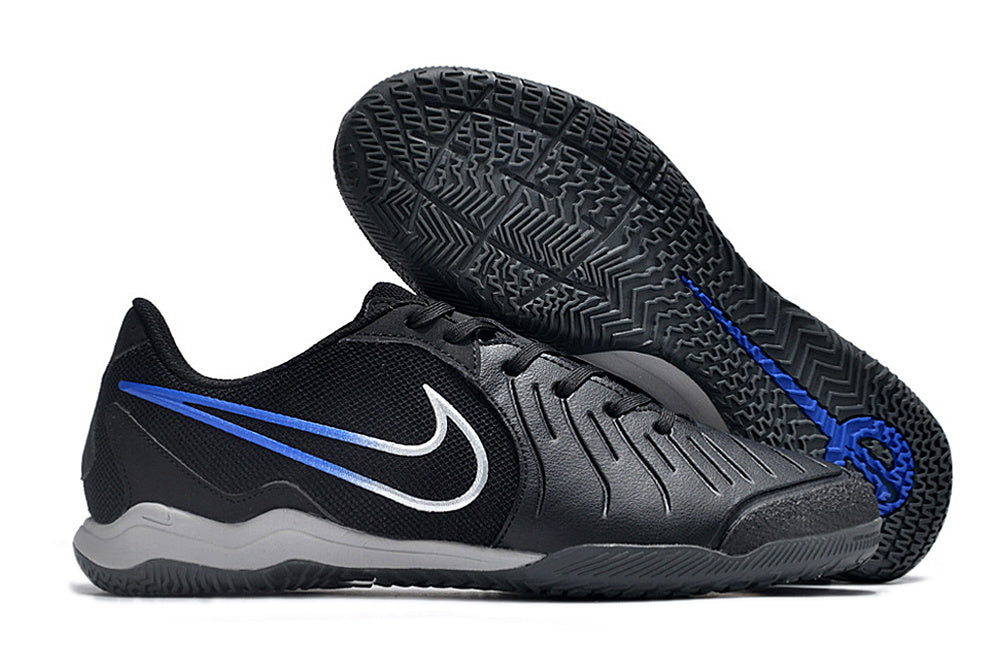 Chuteira Futsal Tiempo 10 Legend Elite IC Preta e Azul, ideal para performance em campos internos.