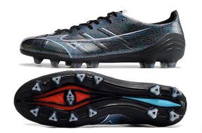 Chuteira Mizuno Alpha II FG Preta - Design preto elegante mostrando sola e detalhes tecnológicos.