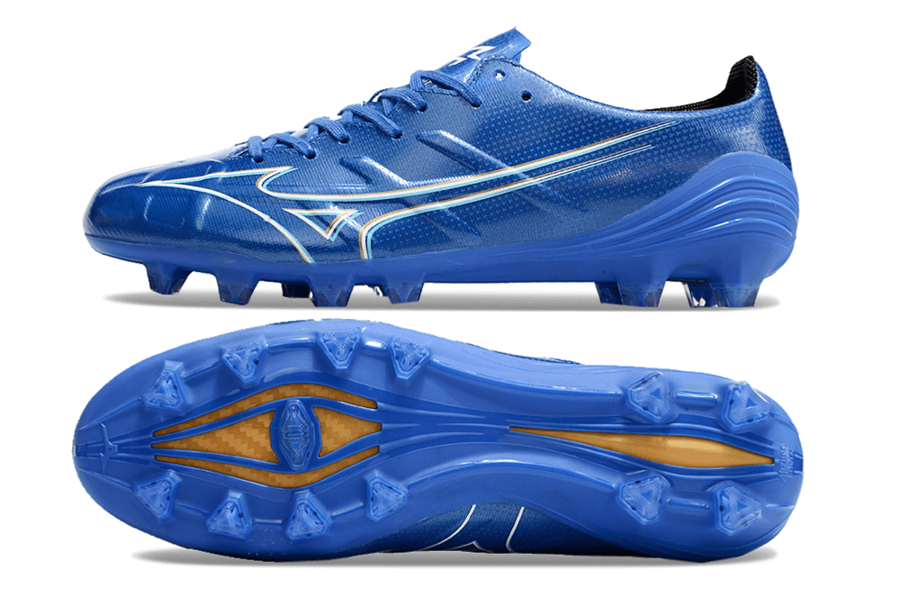 Chuteira Mizuno Alpha II FG Azul em design vibrante, ideal para performance em campo com tração superior.