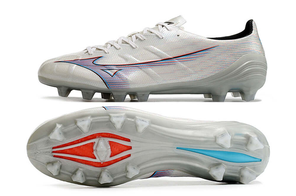 Chuteira Mizuno Alpha II FG Branca e Azul com design sofisticado e tecnologia para desempenho em campo.