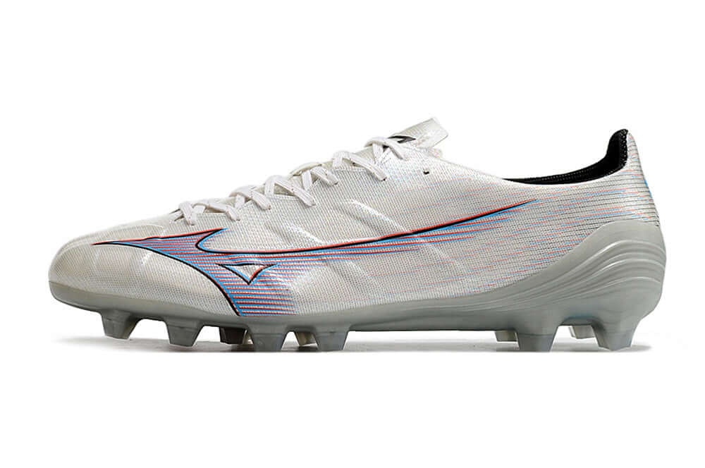 Chuteira Mizuno Alpha II FG Branca e Azul lateral com design sofisticado e tecnologia de ponta.