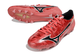 Chuteira Mizuno Alpha II FG "Ruby Red" com design vermelho vibrante e tecnologia de ponta para desempenho superior.