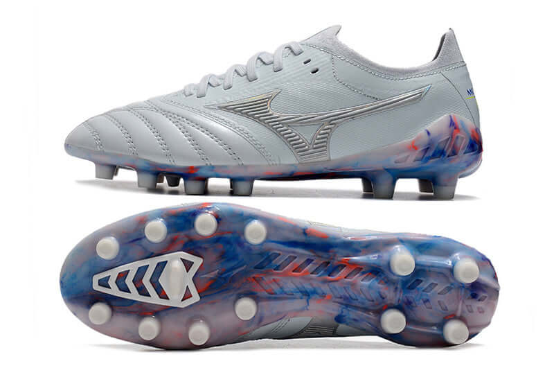Chuteira Mizuno Morelia Neo 3 FG Azul e Cinza com design elegante e estrutura em couro premium
