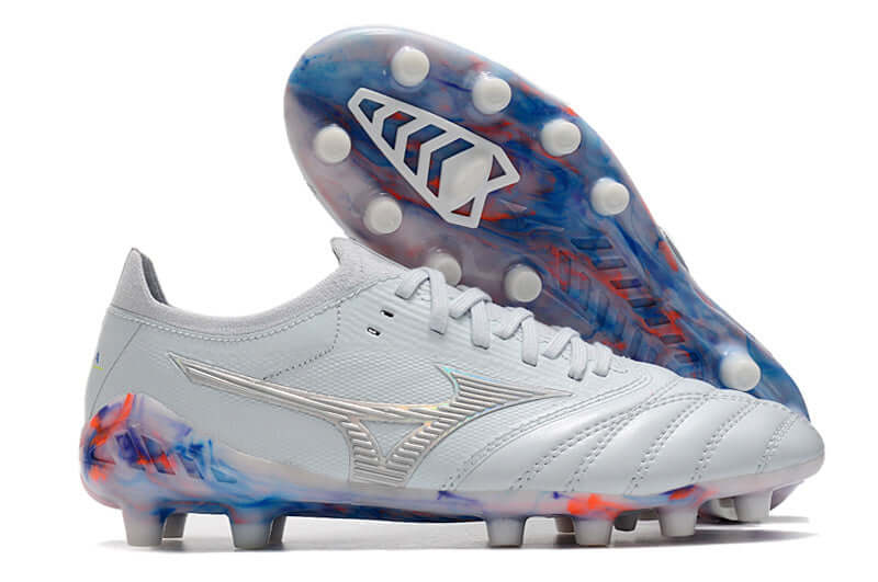 Chuteira Mizuno Morelia Neo 3 FG Azul e Cinza com design elegante e solado inovador.