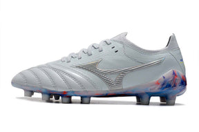 Chuteira Mizuno Morelia Neo 3 FG Azul e Cinza vista lateral em fundo branco.