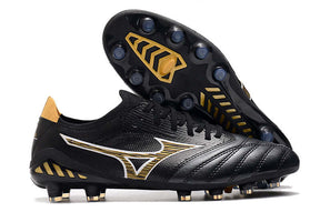 Chuteira Mizuno Morelia Neo 3 FG Preta e Amarela, design clássico em preto e amarelo, ideal para futebol.