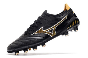 Chuteira Mizuno Morelia Neo 3 FG Preta e Amarela em couro sintético, design elegante em preto e amarelo, para futebol em campos naturais.