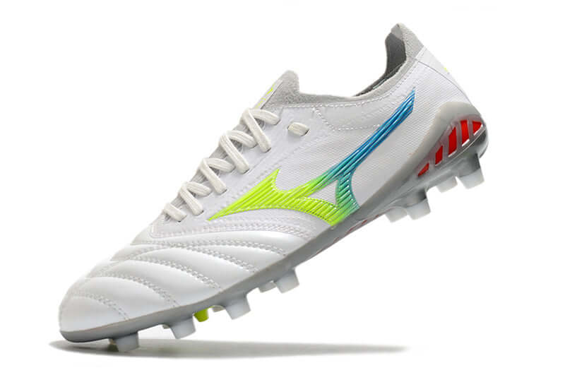 Chuteira Mizuno Morelia Neo 3 FG Rainbow com design vibrante e solado FG para máxima tração em campo.