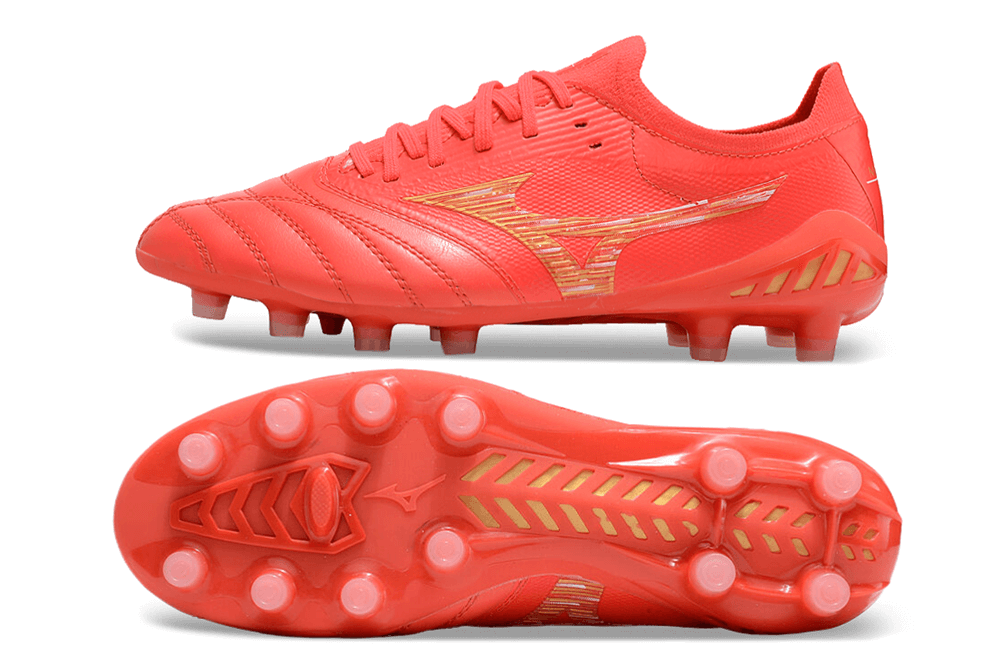Chuteira Mizuno Morelia Neo 3 FG Vermelha vista lateral e inferior com design vibrante