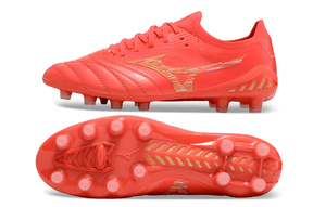 Chuteira Mizuno Morelia Neo 3 FG Vermelha vista lateral e inferior com design vibrante