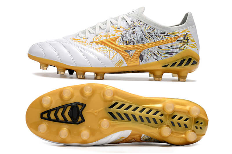 Chuteira Mizuno Morelia Neo 3 Special Edition SR4 em design branco e dourado, com detalhes inovadores e conforto superior.