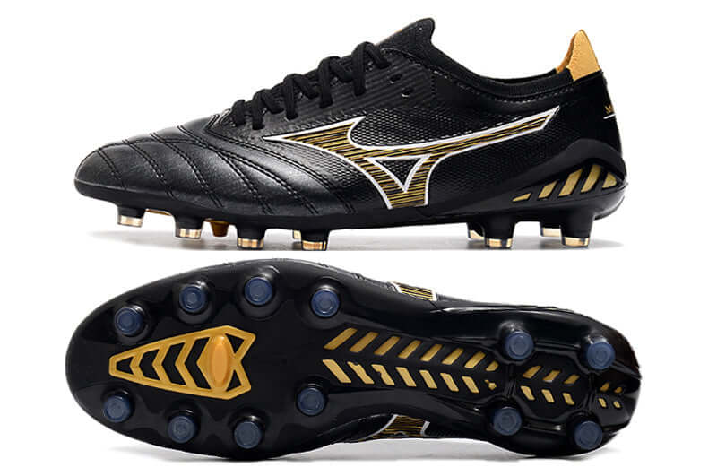 Chuteira Mizuno Morelia Neo 3 FG Preta e Amarela com design elegante e tecnologia avançada para futebol.