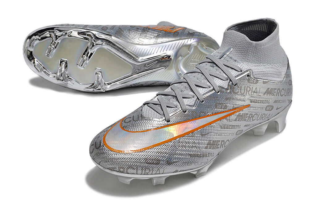 Chuteira Nike Air Zoom Mercurial FG Superfly IX Elite FG - Entrega Imediata em prata e laranja, design moderno e performance destacada.