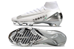 Chuteira Nike Air Zoom Mercurial Superfly 10 Edição Especial Elite FG - Banca e Prata em branco e prata com design elegante.