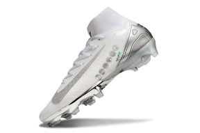 Chuteira Nike Air Zoom Mercurial Superfly 10 Edição Especial Elite FG - Banca e Prata, modelo elegante em branco e prata.