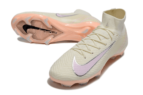 Chuteira Nike Air Zoom Mercurial Superfly 10 Edição Especial Elite FG - Branca e Salmão, ângulo lateral e detalhe da sola.