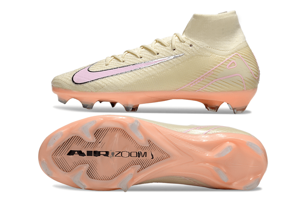 Chuteira Nike Air Zoom Mercurial Superfly 10 Edição Especial Elite FG - Branca e Salmão, vista lateral e sola.