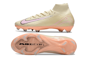 Chuteira Nike Air Zoom Mercurial Superfly 10 Edição Especial Elite FG - Branca e Salmão, vista lateral e sola.
