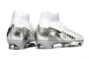 Chuteira Nike Air Zoom Mercurial Superfly 10 Edição Especial Elite FG - Banca e Prata, vista traseira, design premium em branco e prata.