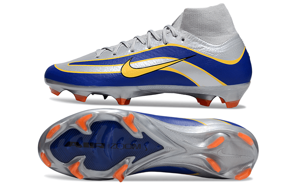 Chuteira Nike Air Zoom Mercurial Superfly 10 Edição Especial Elite FG - Prata e Azul com detalhes em amarelo.
