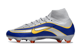 Chuteira Nike Air Zoom Mercurial Superfly 10 Edição Especial Elite FG - Prata e Azul em ângulo lateral.
