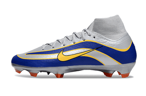 Chuteira Nike Air Zoom Mercurial Superfly 10 Edição Especial Elite FG - Prata e Azul em ângulo lateral.