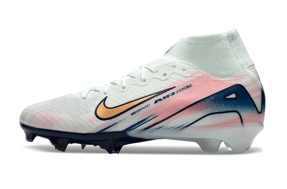 Chuteira Nike Air Zoom Mercurial Superfly 10 Edição Especial Elite MDS9 FG lateral em branco e azul