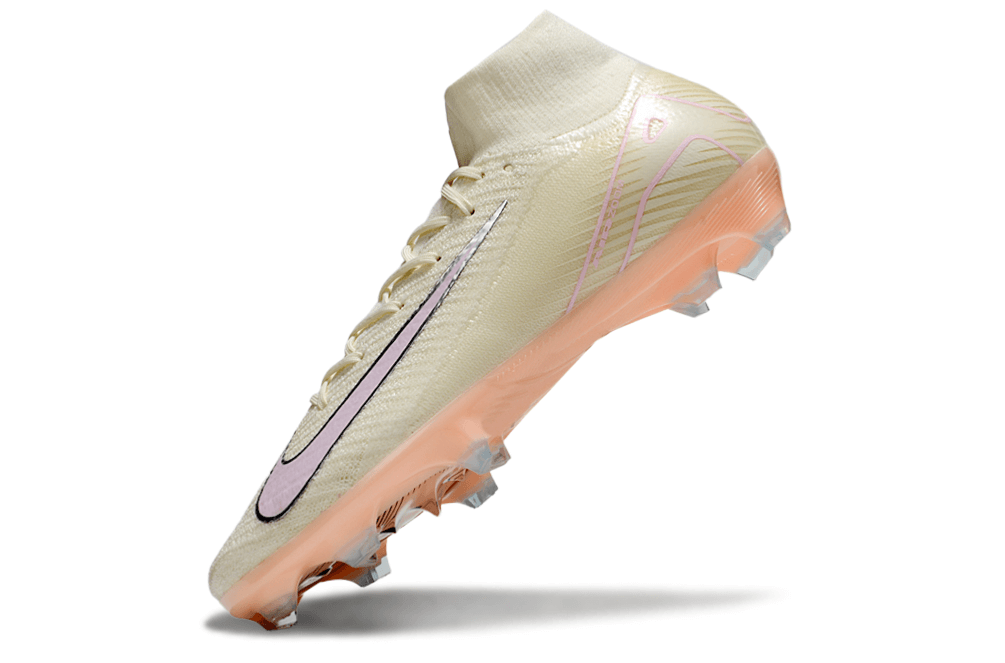 Chuteira Nike Air Zoom Mercurial Superfly 10 Edição Especial Elite FG - Branca e Salmão, vista lateral com detalhes em rosa.