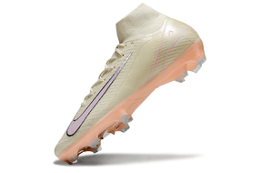 Chuteira Nike Air Zoom Mercurial Superfly 10 Edição Especial Elite FG - Branca e Salmão, vista lateral com detalhes em rosa.