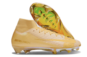 Chuteira Nike Air Zoom Mercurial Superfly 10 Elite FG Amarela com design aerodinâmico e sola dourada.