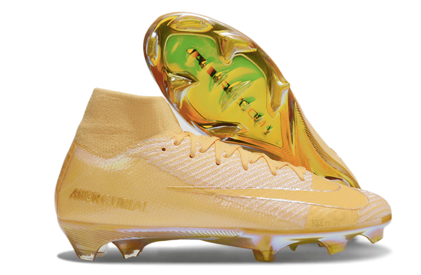 Chuteira Nike Air Zoom Mercurial Superfly 10 Elite FG Amarela com design aerodinâmico e sola dourada.