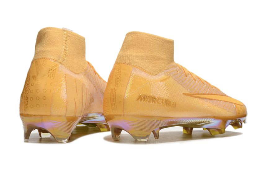 Chuteira Nike Air Zoom Mercurial Superfly 10 Elite FG Amarela em perspectiva traseira, destacando design e tecnologia.