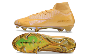 Chuteira Nike Air Zoom Mercurial Superfly 10 Elite FG Amarela em destaque, vista lateral e inferior.