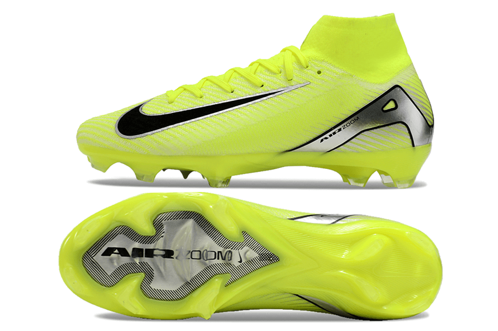 Chuteira Nike Air Zoom Mercurial Superfly 10 Elite FG em amarelo vibrante com sola avançada.