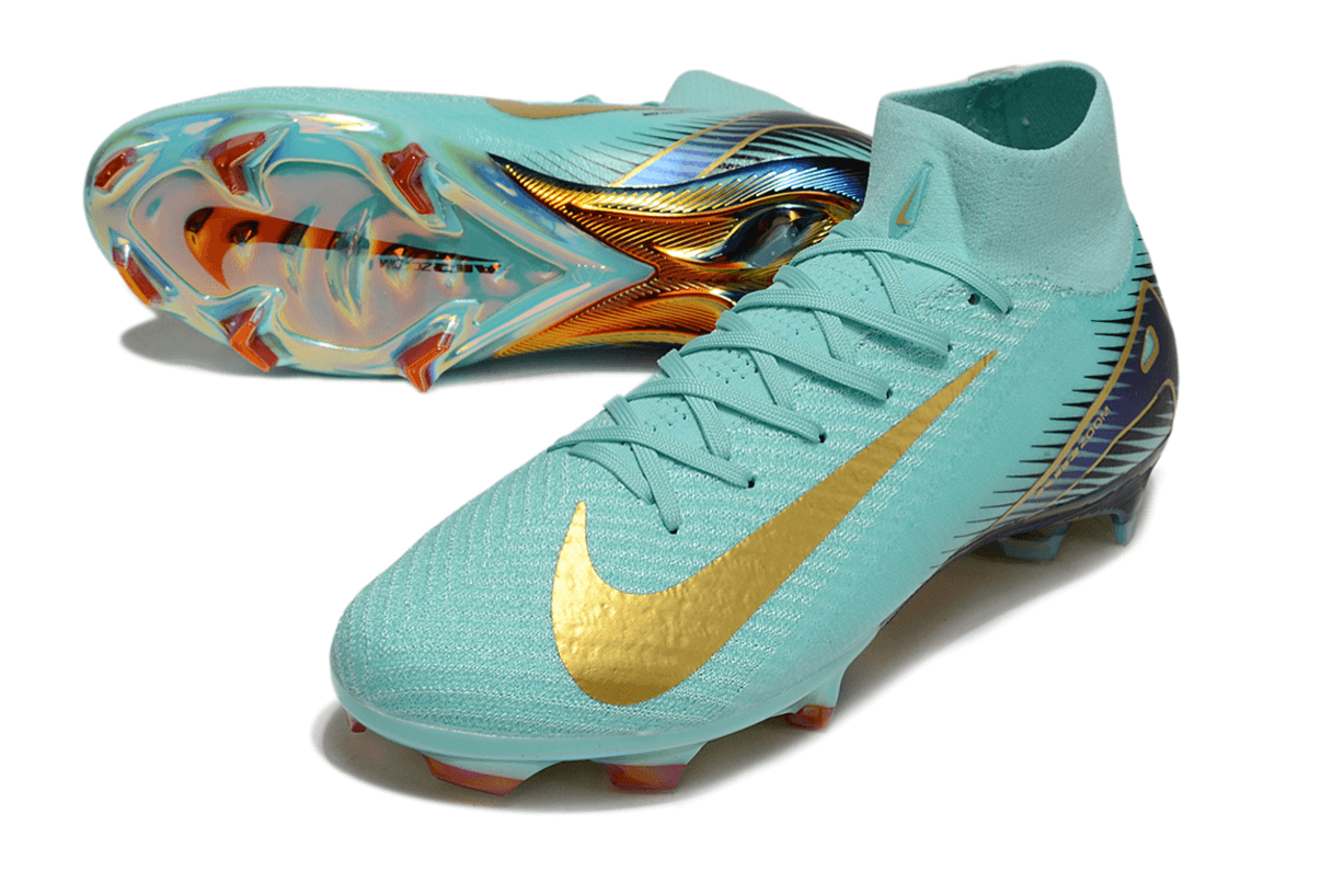Chuteira Nike Air Zoom Mercurial Superfly 10 Elite FG - Azul em azul claro com detalhes dourados para futebol.