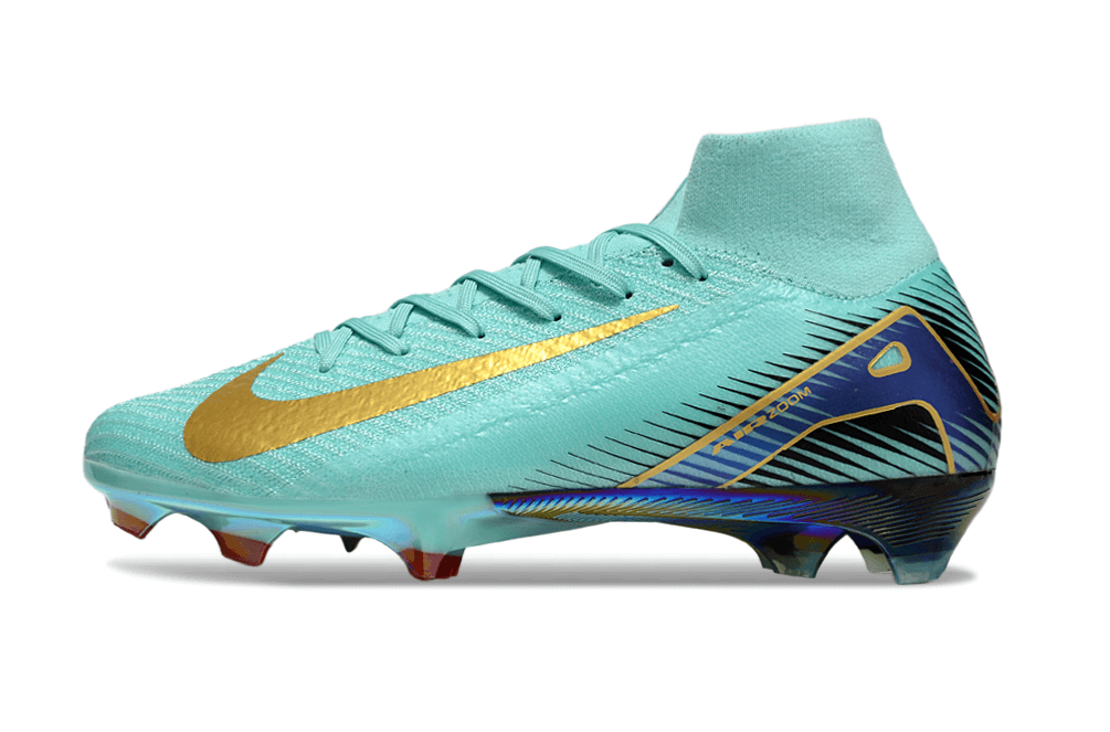 Chuteira Nike Air Zoom Mercurial Superfly 10 Elite FG - Azul - Design elegante em azul e detalhes dourados