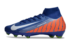 Chuteira Nike Air Zoom Mercurial Superfly 10 Elite FG Azul e Laranja lateral com detalhes em laranja.