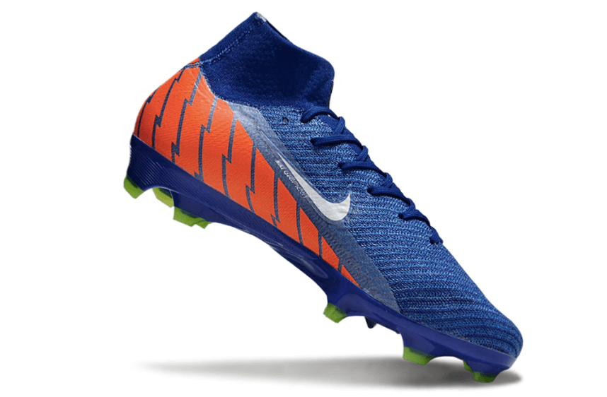 Chuteira Nike Air Zoom Mercurial Superfly 10 Elite FG Azul e Laranja em destaque, mostrando design e cores vibrantes.