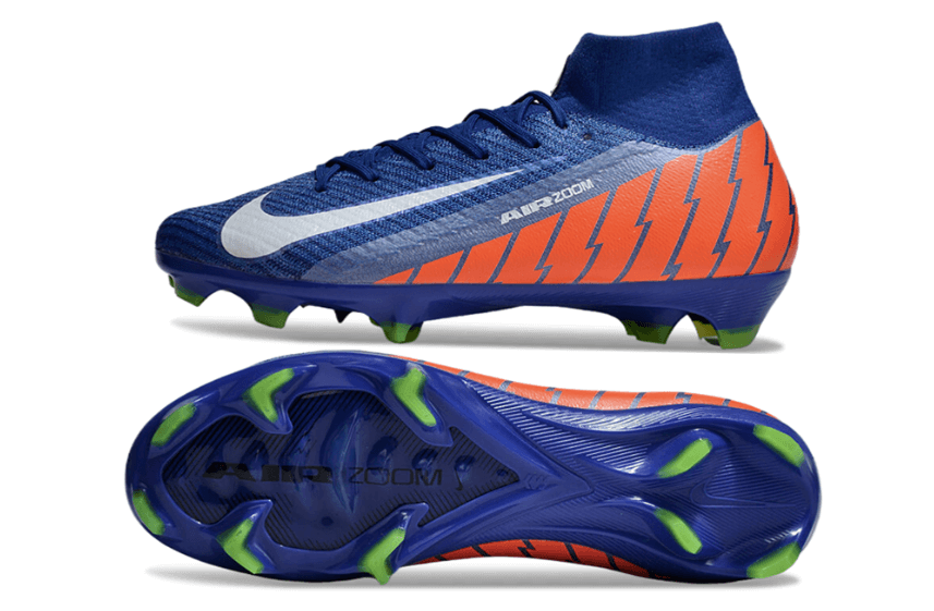 Chuteira Nike Air Zoom Mercurial Superfly 10 Elite FG Azul e Laranja vista lateral e inferior mostrando detalhes do design