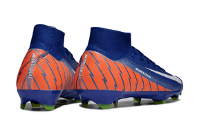 Chuteira Nike Air Zoom Mercurial Superfly 10 Elite FG Azul e Laranja vista traseira com design em azul e laranja.