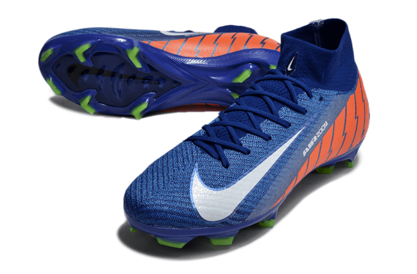 Chuteira Nike Air Zoom Mercurial Superfly 10 Elite FG Azul e Laranja em destaque com design moderno e cores vibrantes.