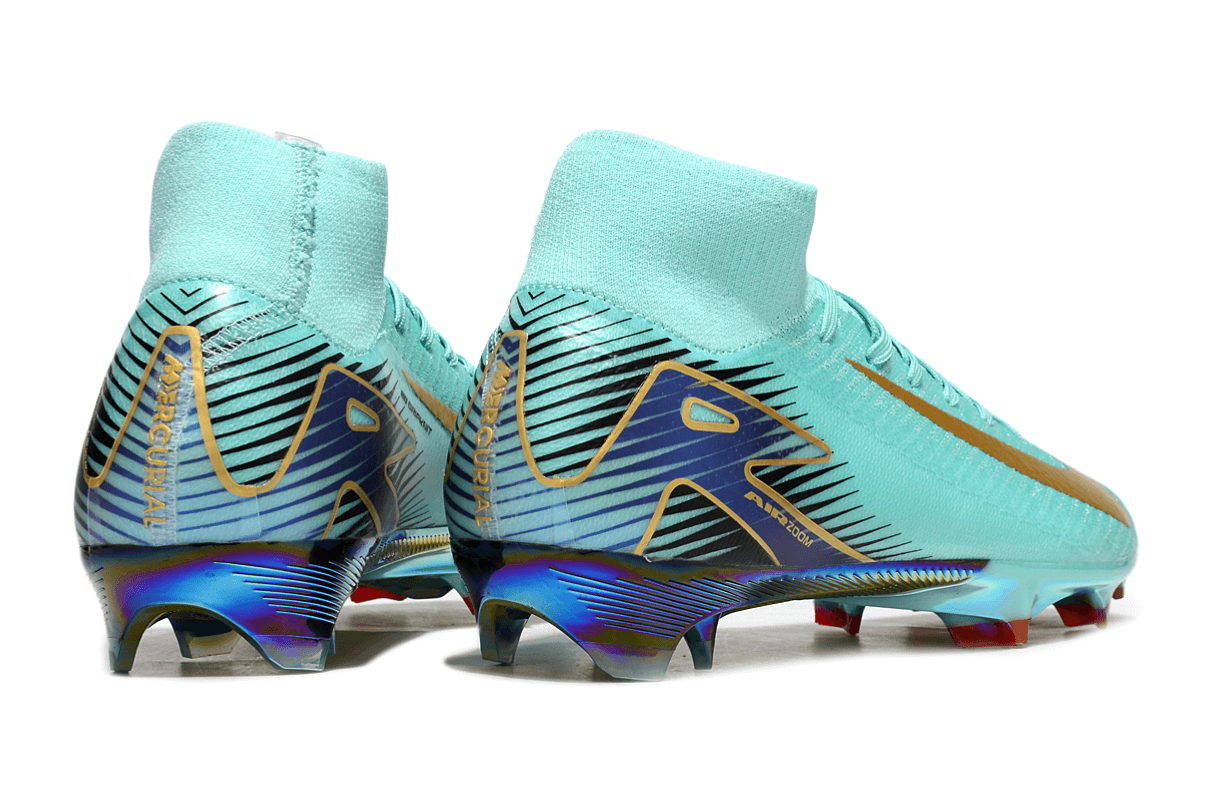 Chuteira Nike Air Zoom Mercurial Superfly 10 Elite FG - Azul - detalhes traseiros em azul e dourado.
