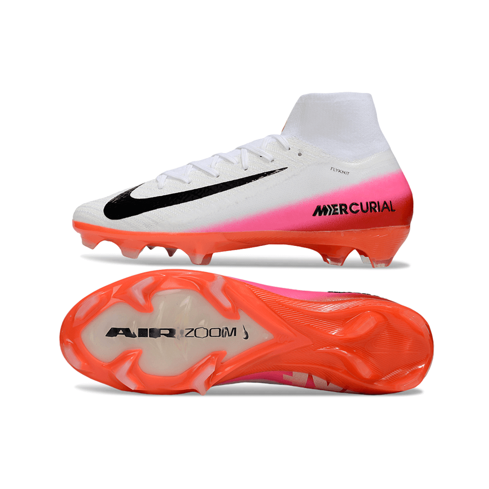 Chuteira Nike Air Zoom Mercurial Superfly 10 Elite FG Branca e Laranja com sola Air Zoom.