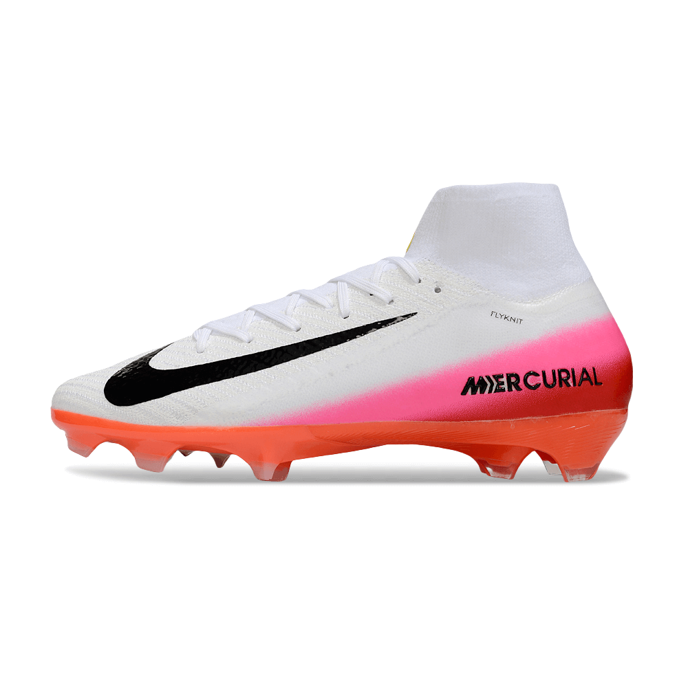 Chuteira Nike Air Zoom Mercurial Superfly 10 Elite FG Branca e Laranja lateral com detalhes em rosa e preto.
