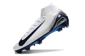 Chuteira Nike Air Zoom Mercurial Superfly 10 Elite FG com design elegante em branco e azul.