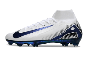 Chuteira Nike Air Zoom Mercurial Superfly 10 Elite FG em branco e azul, ideal para profissionais que buscam desempenho no futebol.