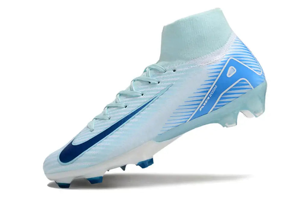 Chuteira Nike Air Zoom Mercurial Superfly 10 Elite FG em azul e branco, ideal para desempenho no futebol.